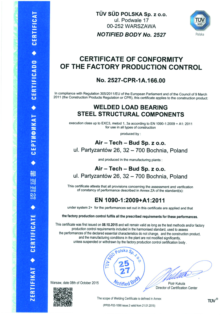 Certificate of conformity of the factory production control